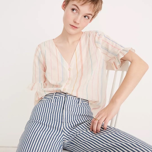 Madewell Vintage Ruffle-Sleeve Shirt in Rainbow Stripe XS - Picture 4 of 4